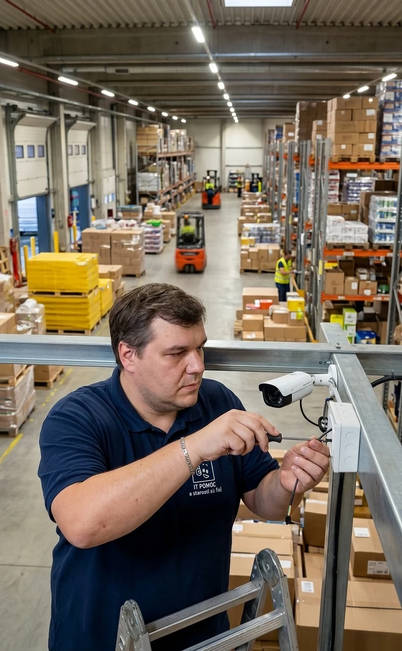 Náš technik inštaluje IP kameru v distribučnom sklade nad regálmi s tovarom